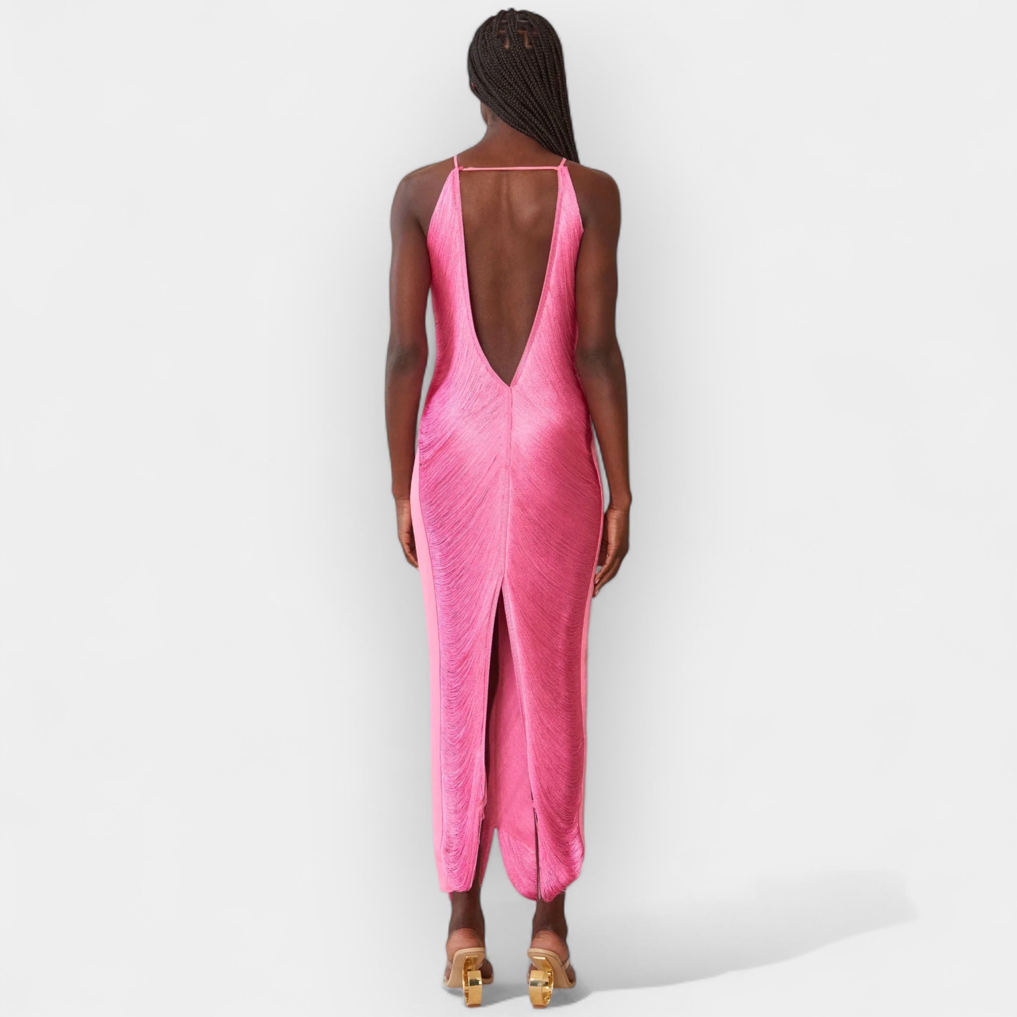 Vestido midi con flecos dorados