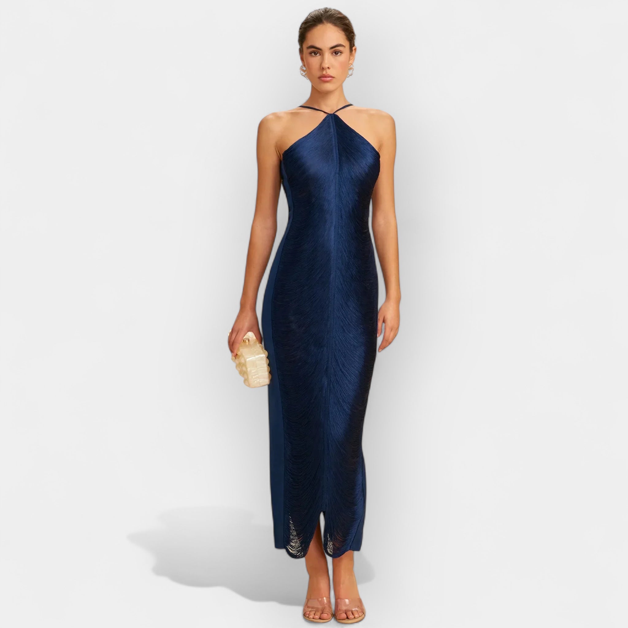 Vestido midi con flecos dorados