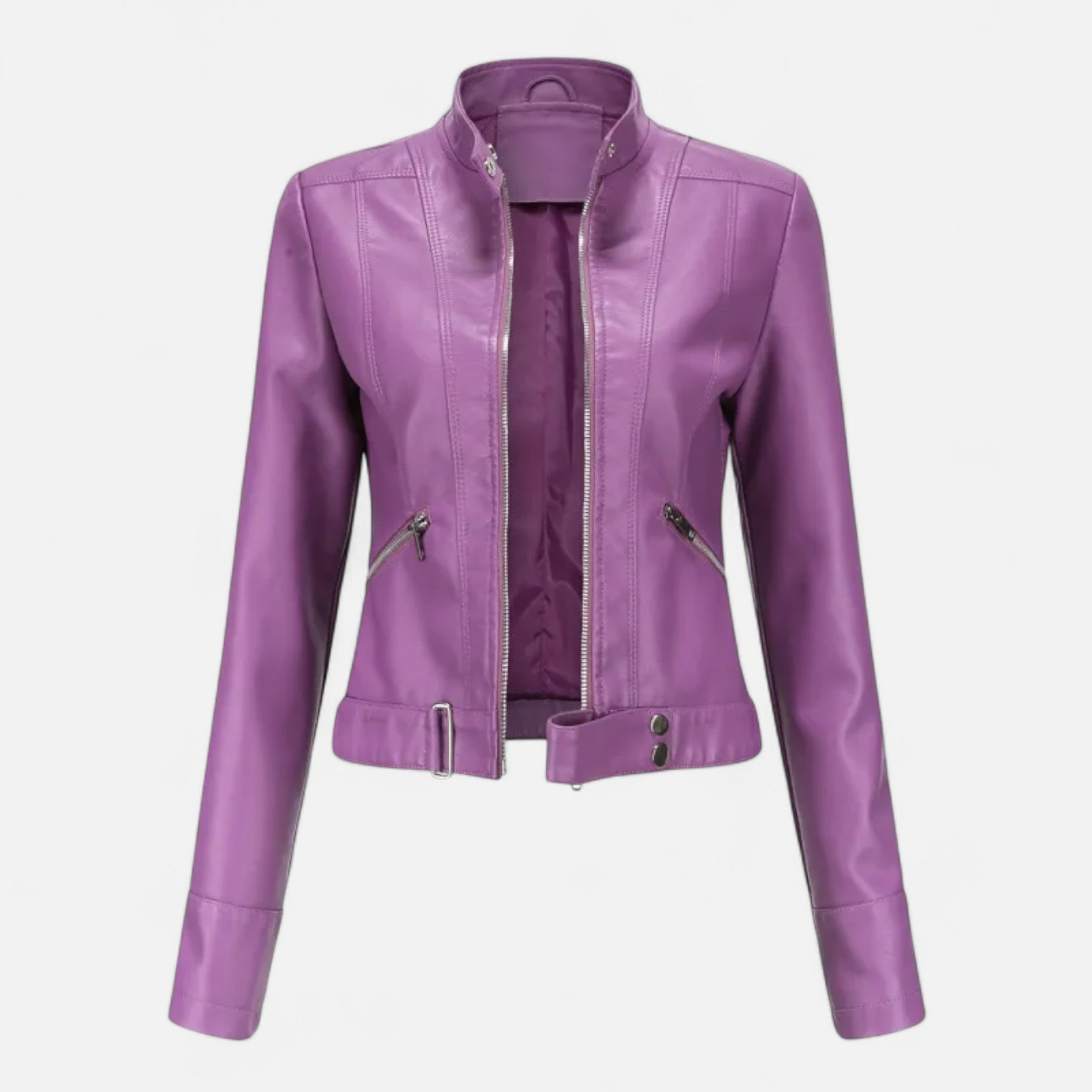 Chaqueta Corta Mujer Cuero PU Cuello Alto con Cinturón