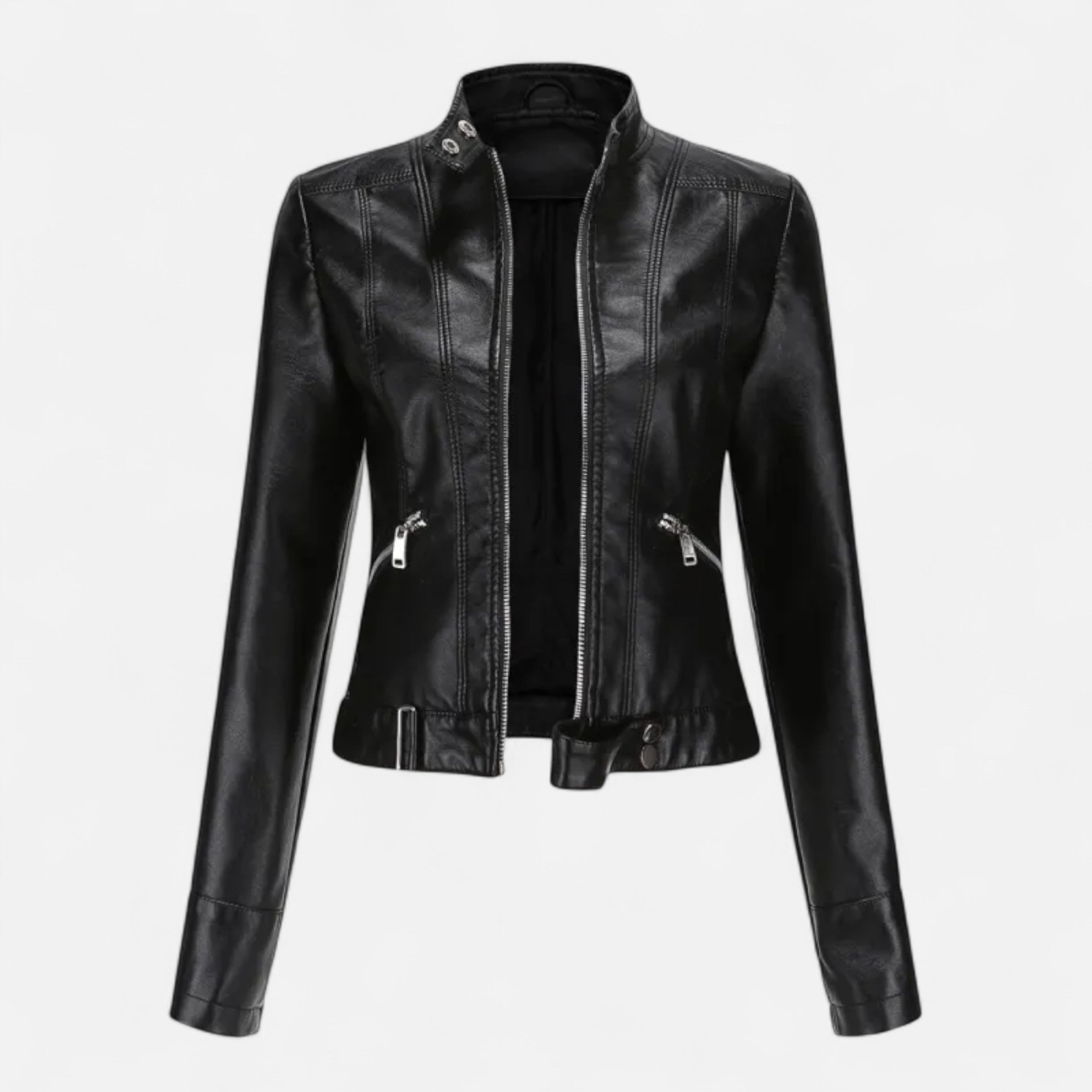Chaqueta Corta Mujer Cuero PU Cuello Alto con Cinturón