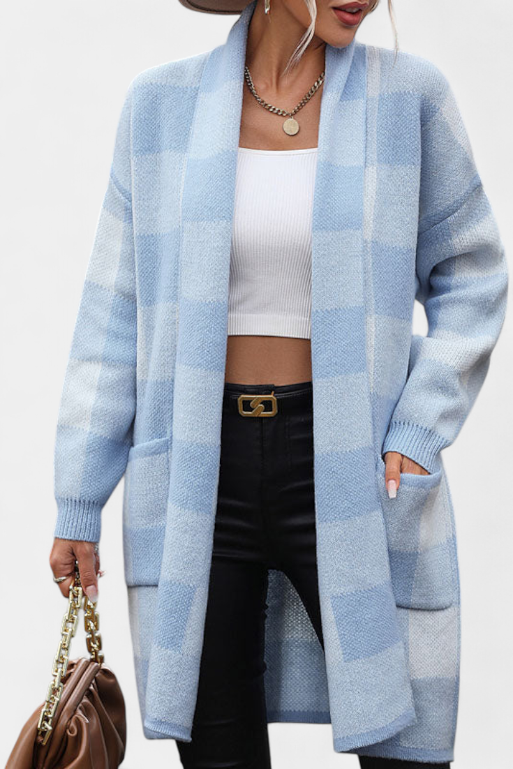 Cardigan de Cuadros Chic con Bolsillos Listos para Todo