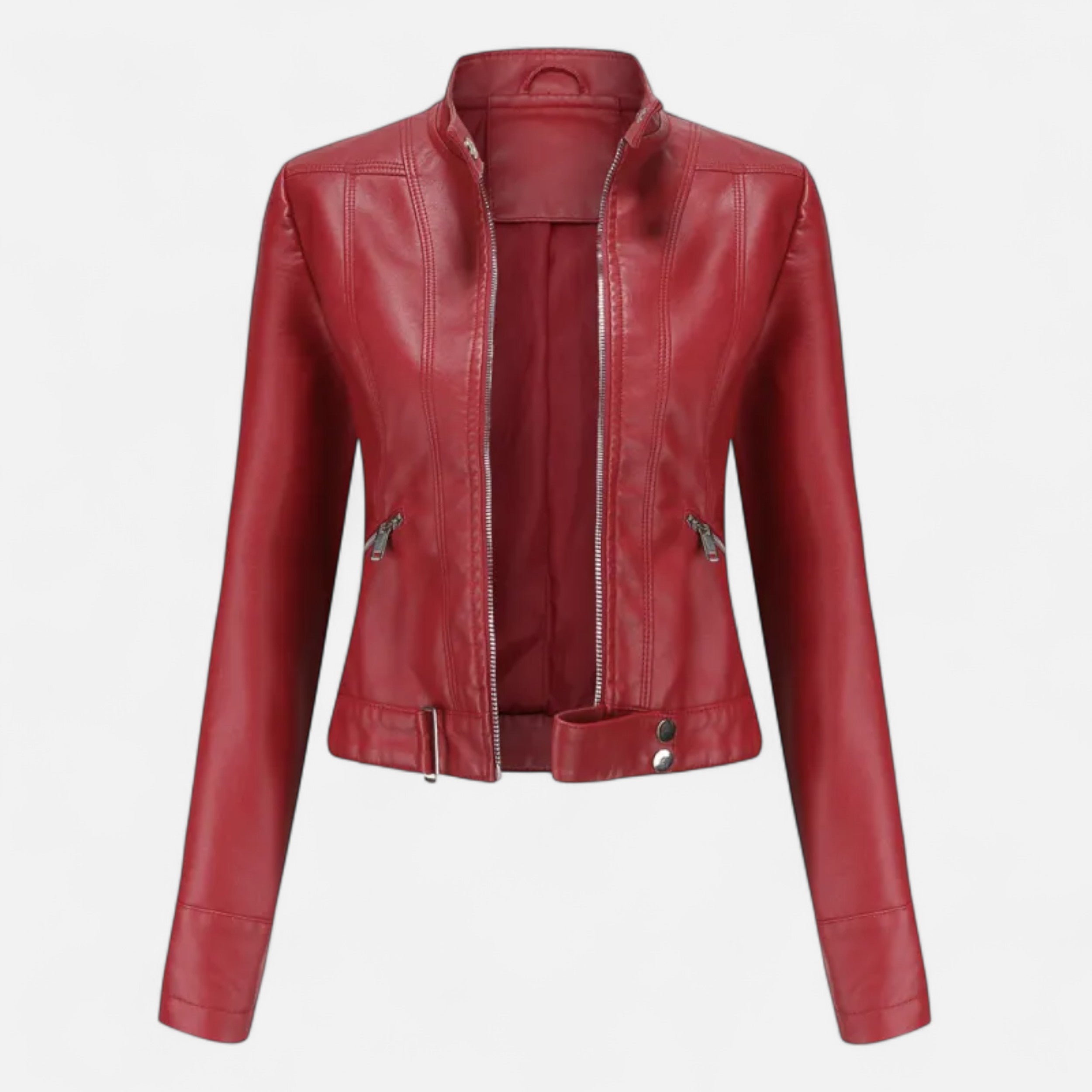 Chaqueta Corta Mujer Cuero PU Cuello Alto con Cinturón