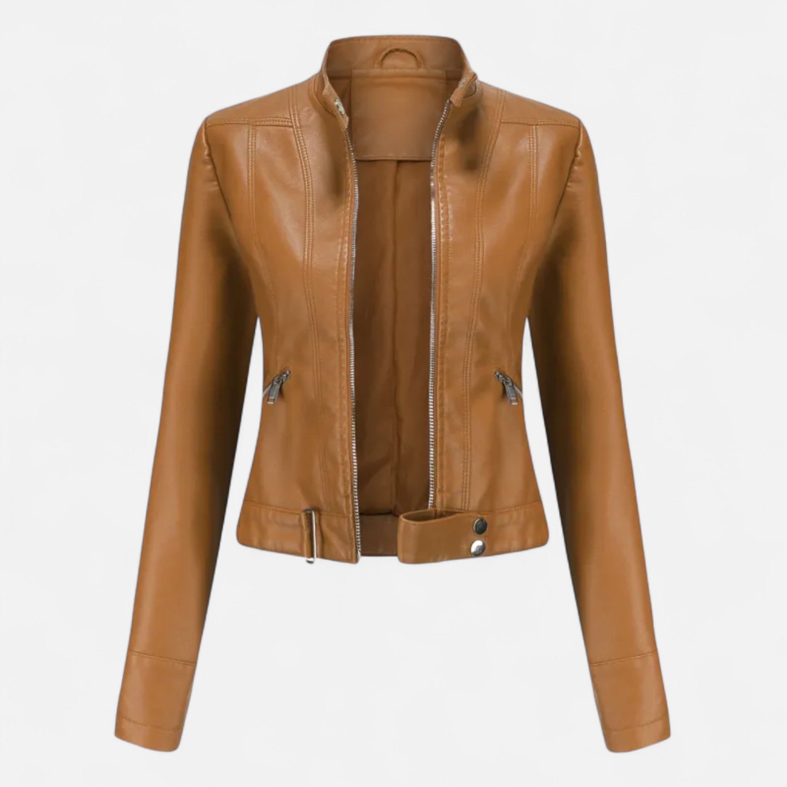 Chaqueta Corta Mujer Cuero PU Cuello Alto con Cinturón