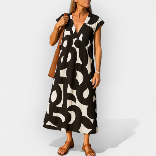 Vestido Vaporoso con Escote en V y Estampado Moderno