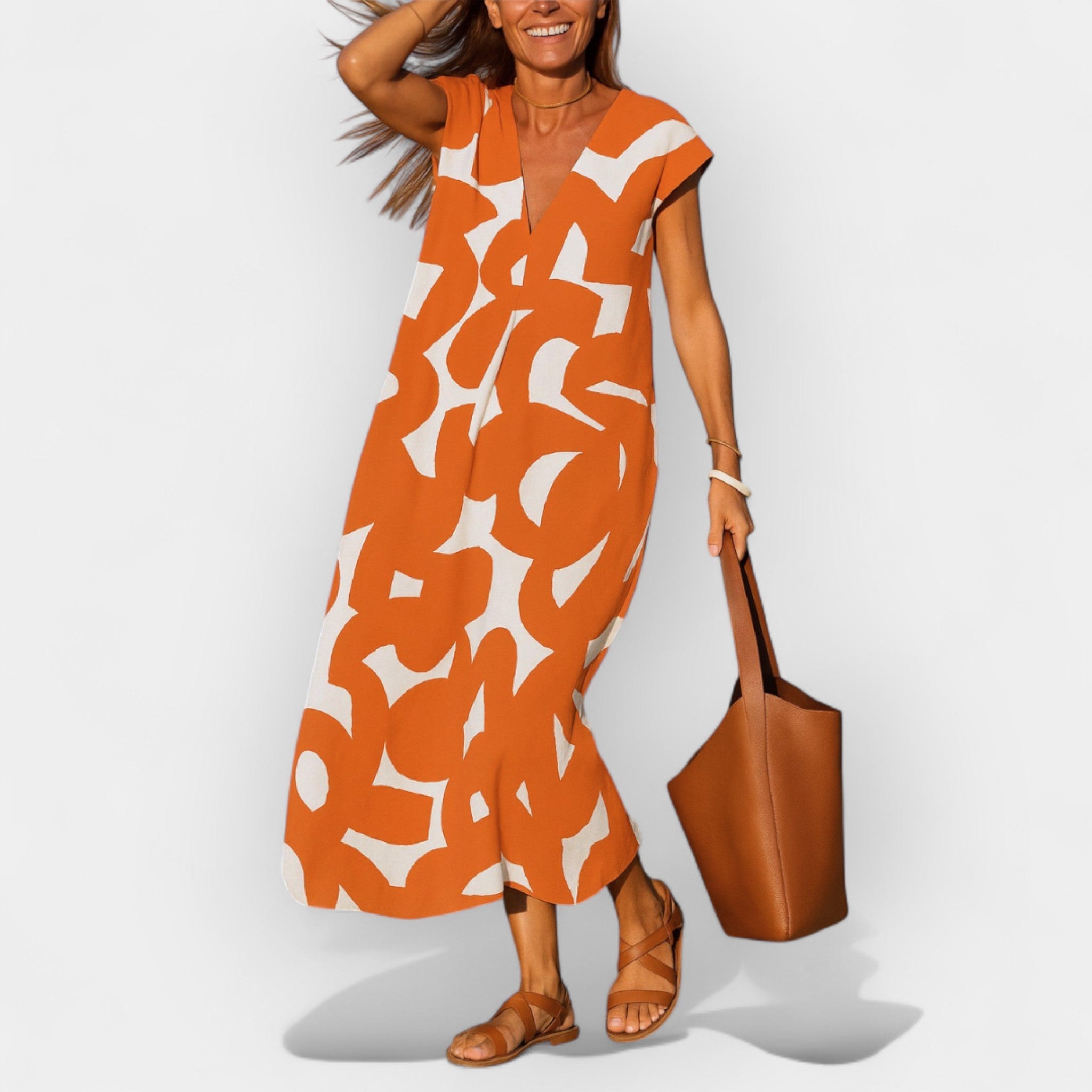 Vestido Vaporoso con Escote en V y Estampado Moderno